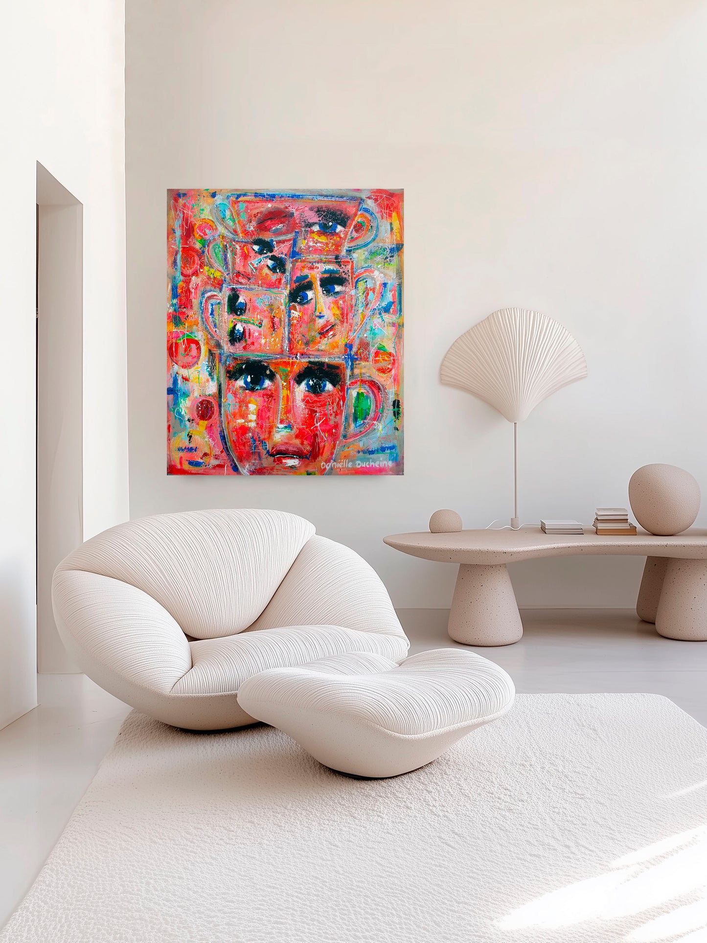 Origineel schilderij – kleurrijk expressieve Stapel Kopjes - Koffiepraat in kleur – Danielle Ducheine