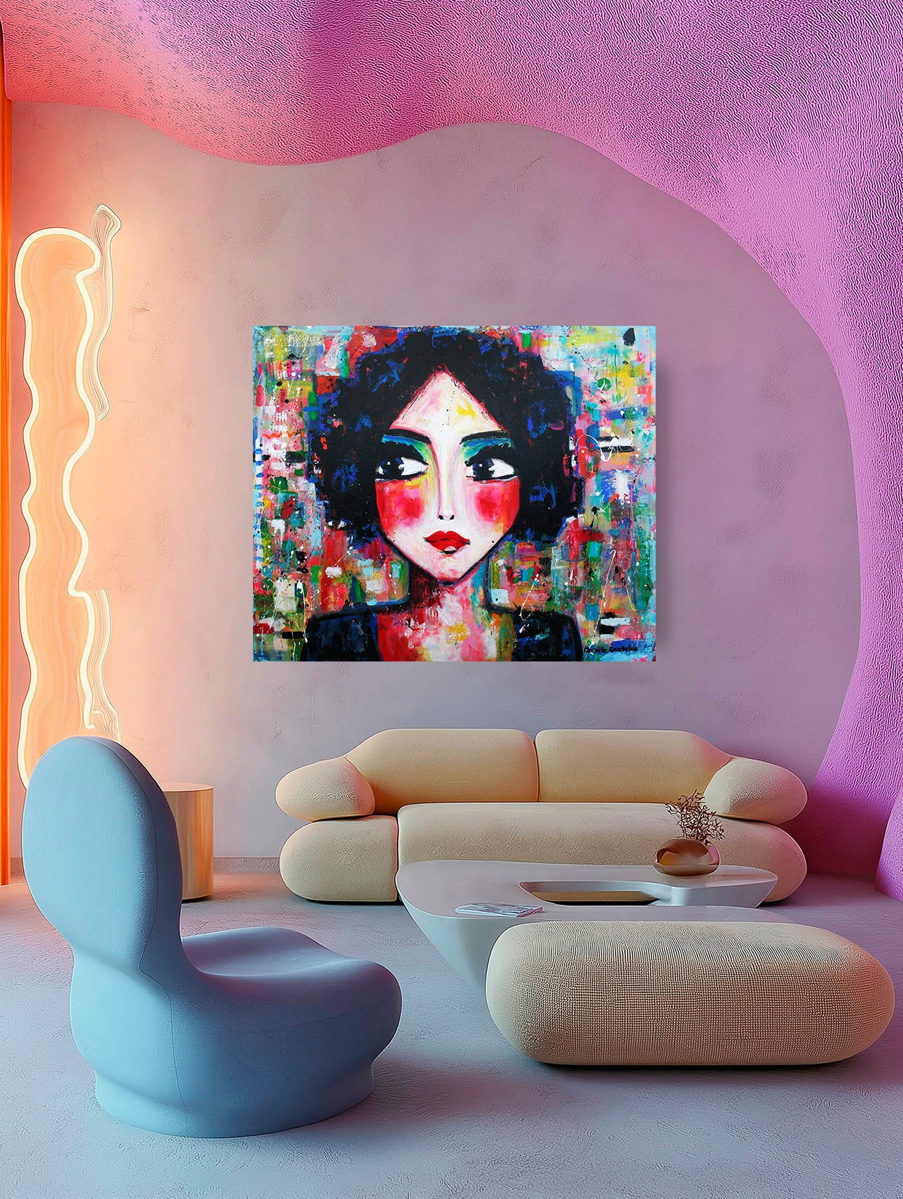 Origineel schilderij – kleurrijk expressief portret – Surrounded by Colors – Danielle Ducheine