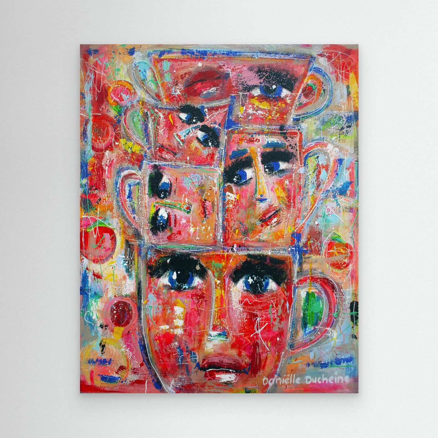 Fine art canvas print – kleurrijk expressief kunstwerk – Stapel kopjes – Danielle Ducheine