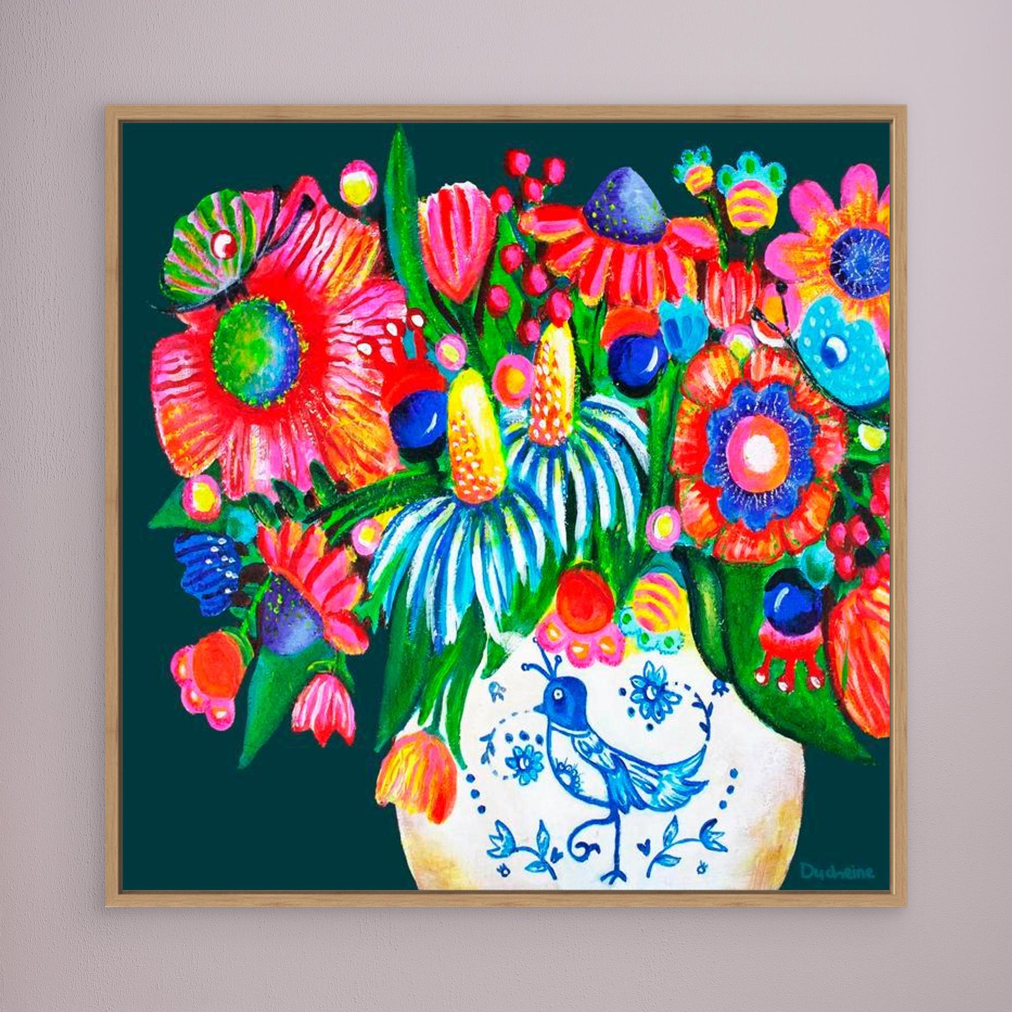 Fine art canvas print – kleurrijk expressief bloemenschilderij met Delfts blauw vaasje – Danielle Ducheine