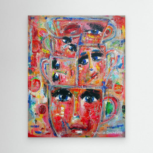 Fine art canvas print – kleurrijk expressief kunstwerk – Stapel kopjes – Danielle Ducheine