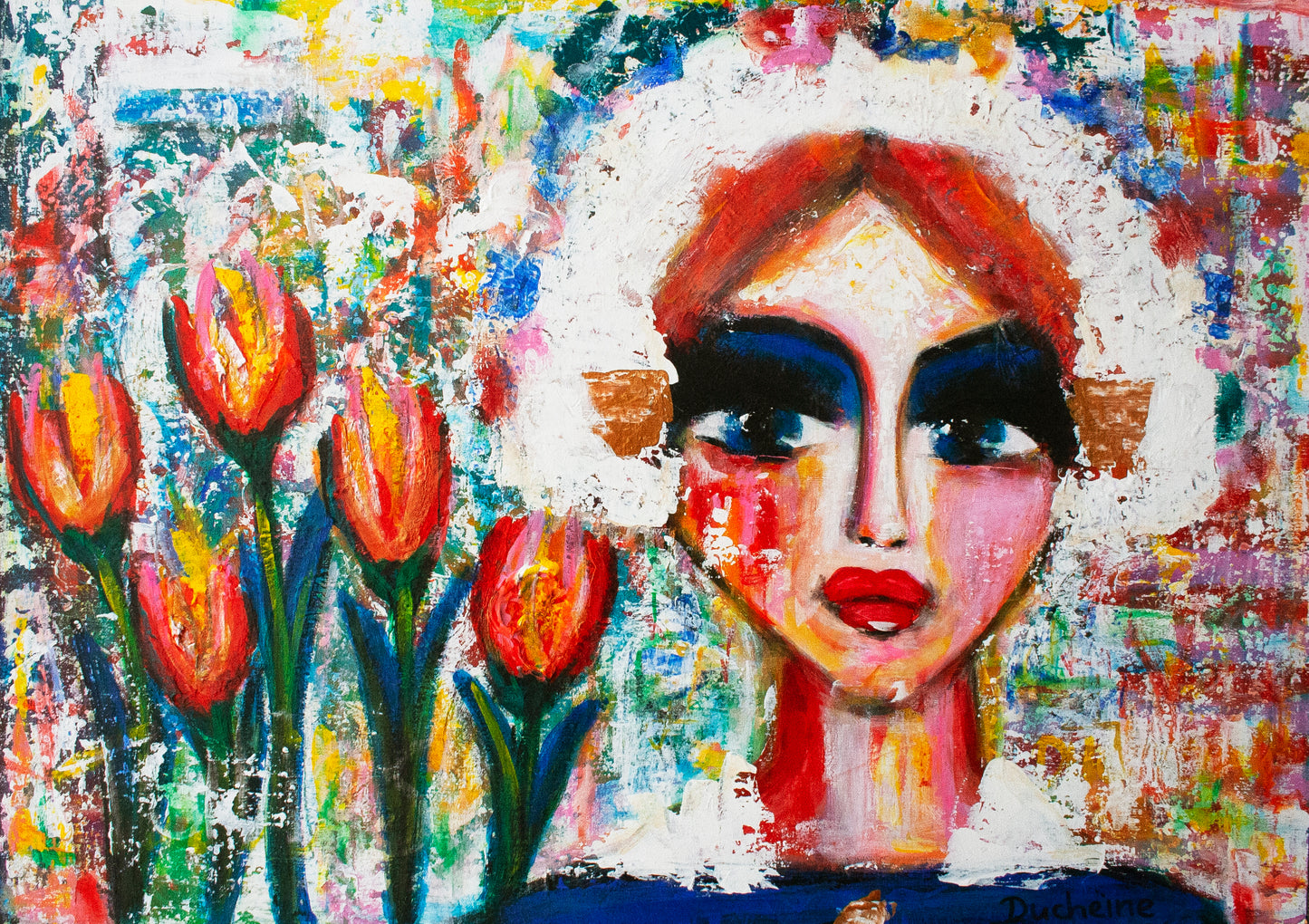 Origineel schilderij – kleurrijk expressief portret – Boerin in Bloei – Danielle Ducheine