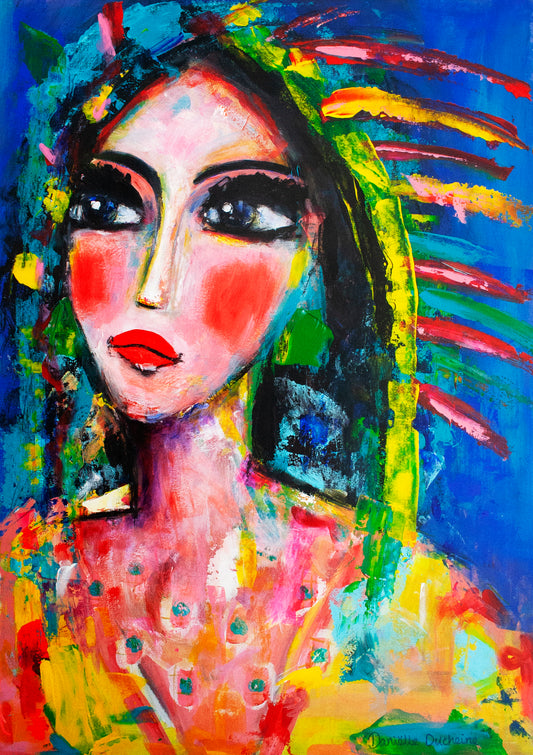 Origineel schilderij – kleurrijk expressief portret – Colorful Indian Woman  – Danielle Ducheine