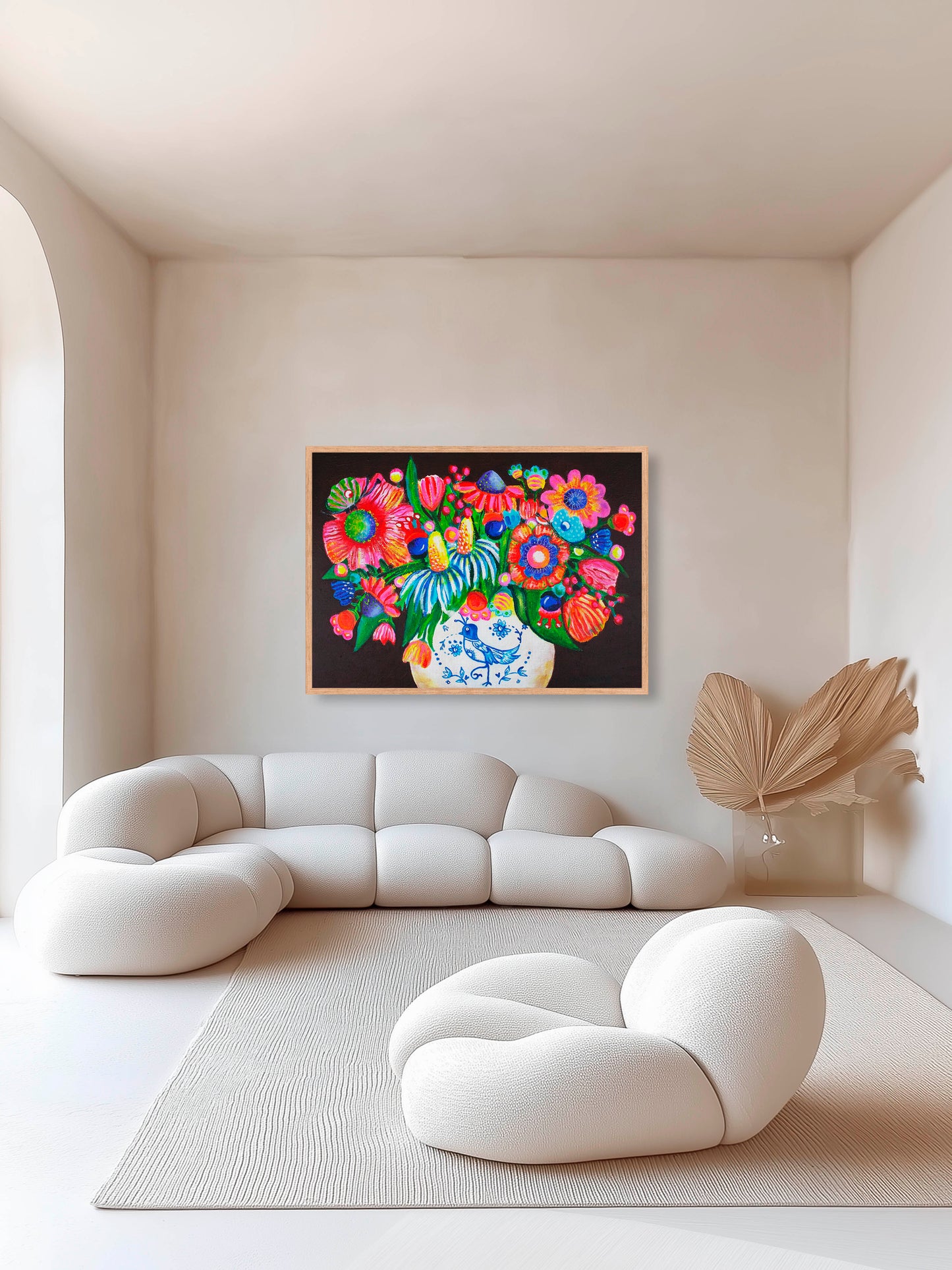 Origineel schilderij – kleurrijk expressief portret – Delfts Blauw Bloemenfeest – Danielle Ducheine