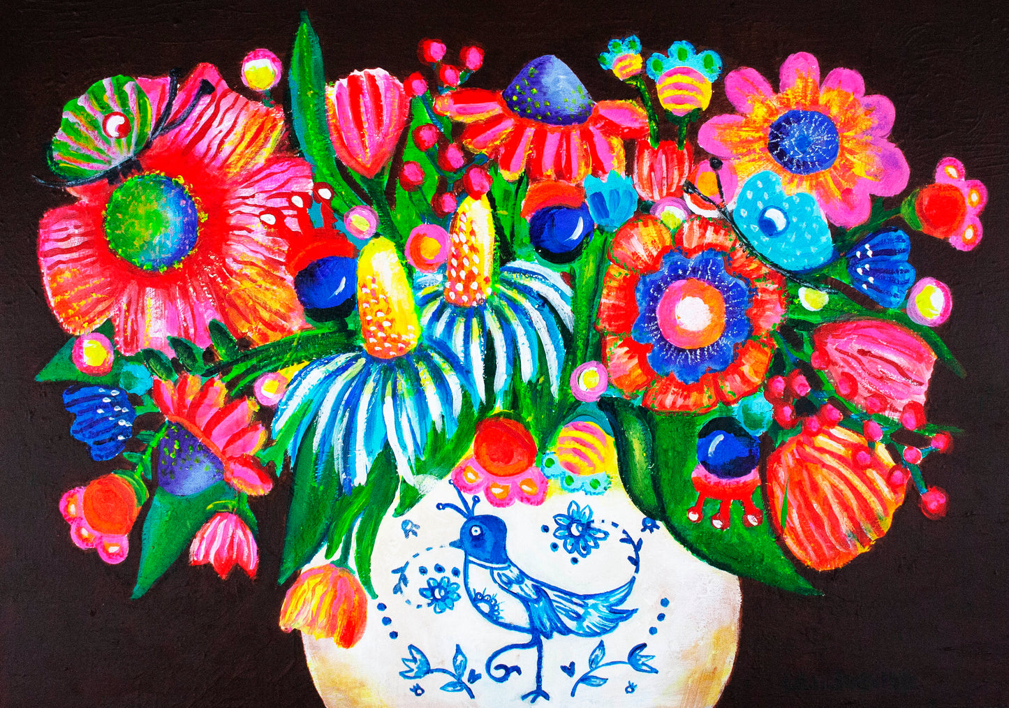 Origineel schilderij – kleurrijk expressief portret – Delfts Blauw Bloemenfeest – Danielle Ducheine