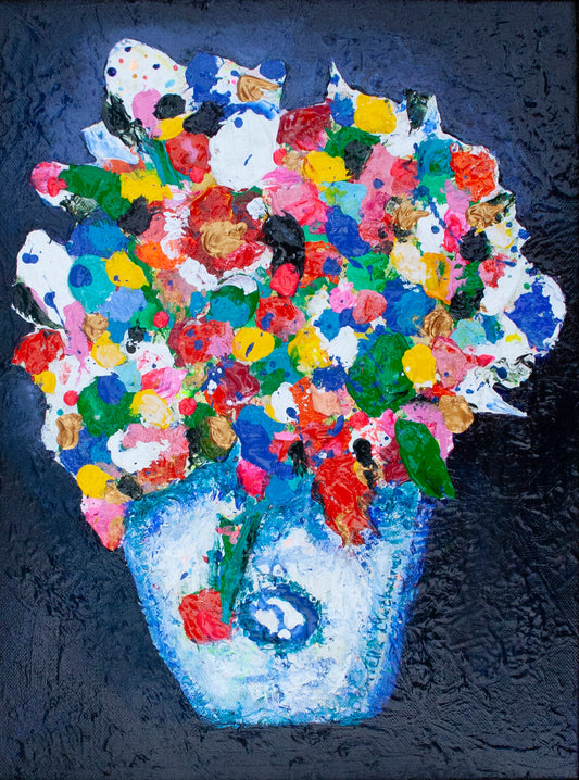 Origineel schilderij – kleurrijk expressief bloemenschilderij – Delfts Vrolijk Vaasje – Danielle Ducheine