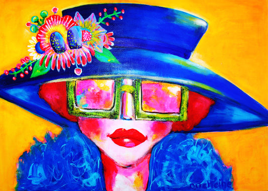 Origineel schilderij – kleurrijk expressief portret – Door een roze bril – Danielle Ducheine