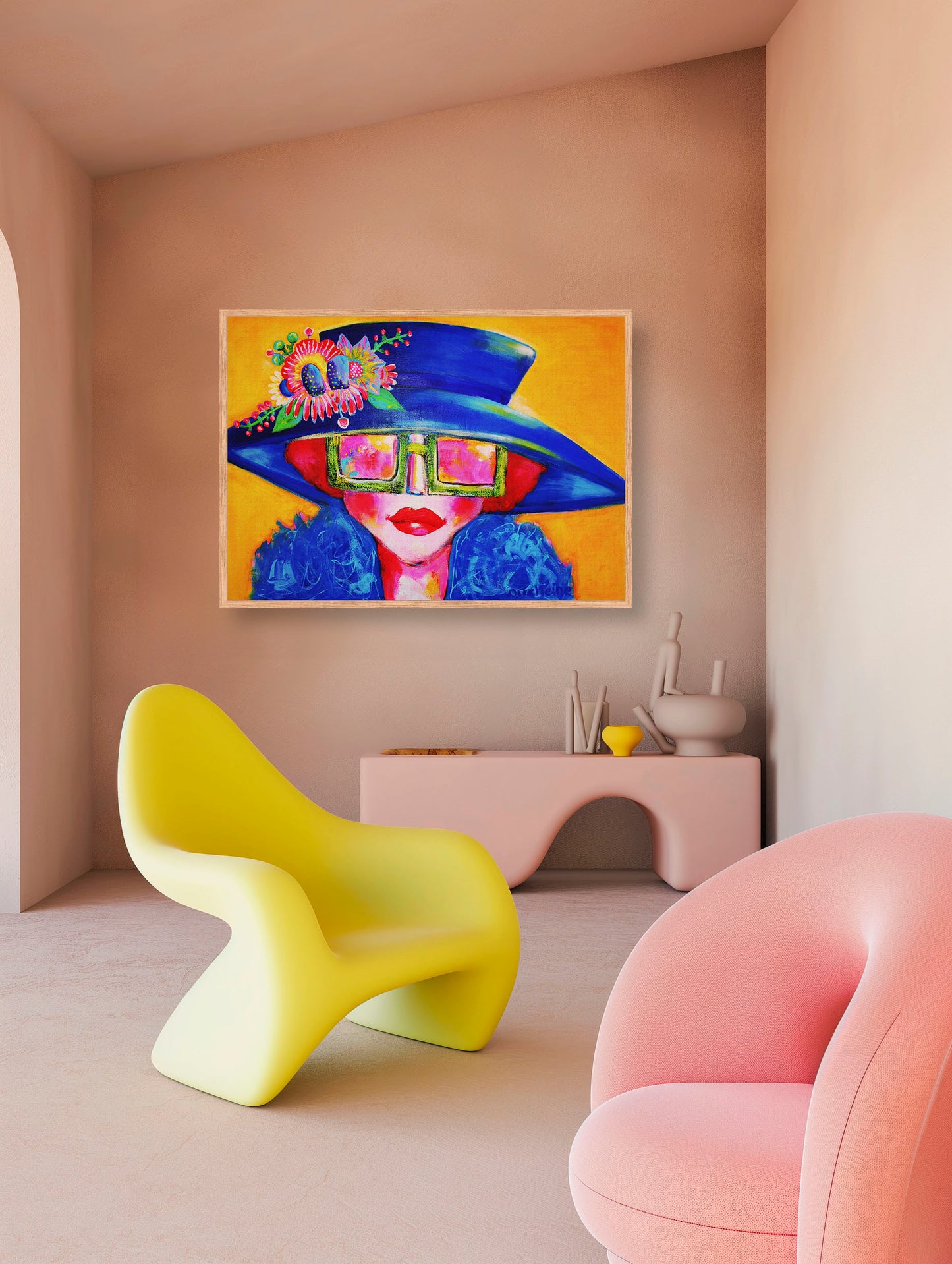 Origineel schilderij – kleurrijk expressief portret – Door een roze bril – Danielle Ducheine