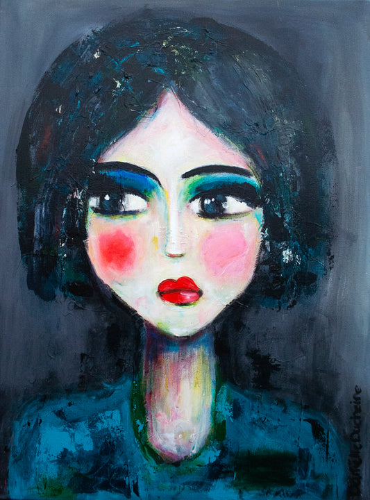 Origineel schilderij – kleurrijk expressief portret – Francoise, stilte met power  – Danielle Ducheine