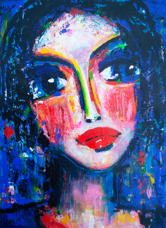 Origineel schilderij – kleurrijk expressief portret –Krachtig in Blauw – Danielle Ducheine