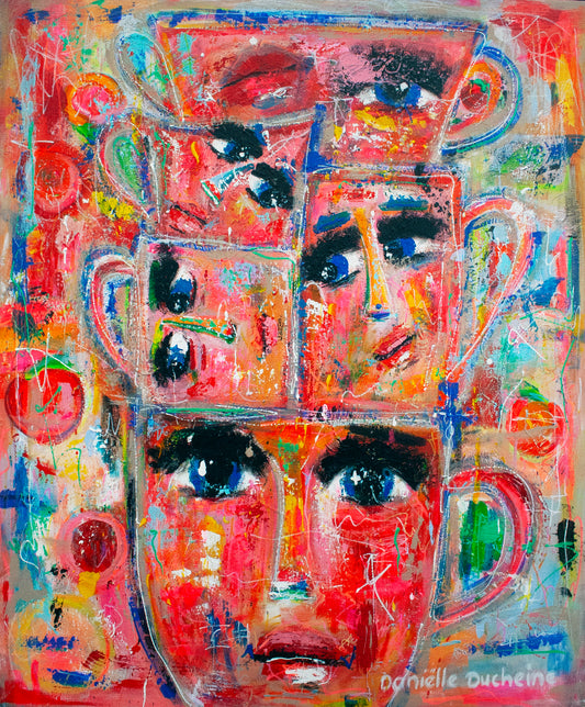 Origineel schilderij – kleurrijk expressieve Stapel Kopjes - Koffiepraat in kleur  – Danielle Ducheine