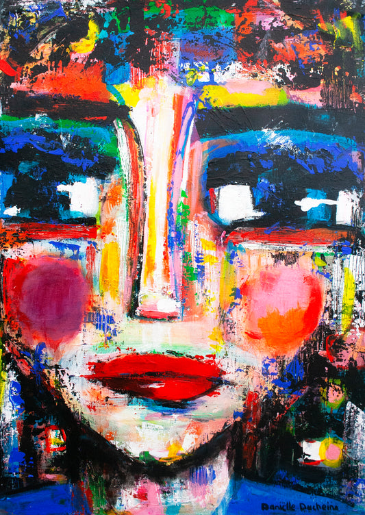 Origineel schilderij – kleurrijk expressief portret – Vrolijk Vurig Vrij – Danielle Ducheine