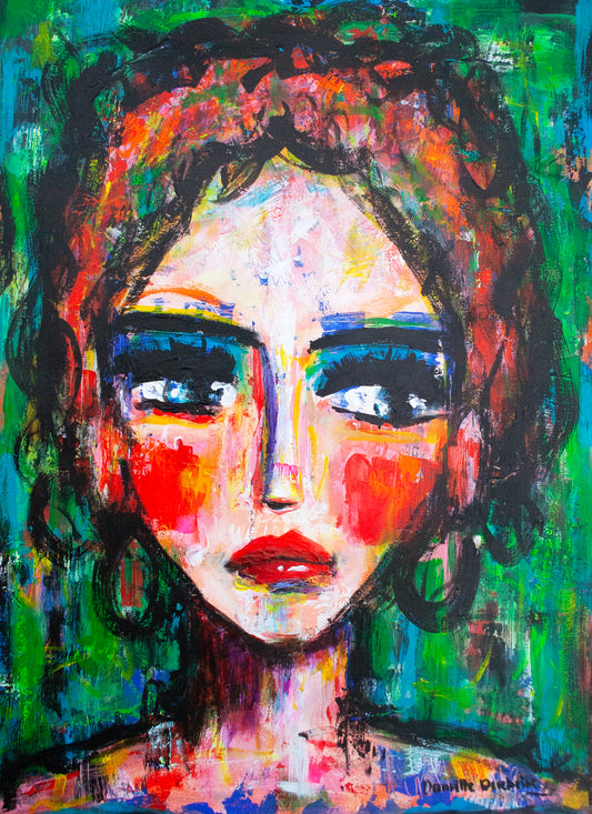 Origineel schilderij – kleurrijk expressief portret –Ze weet het – Danielle Ducheine