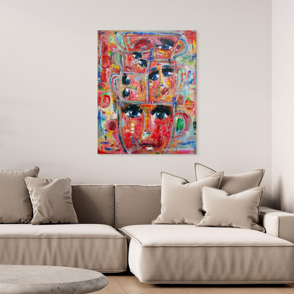 Fine art canvas print – kleurrijk expressief kunstwerk – Stapel kopjes – Danielle Ducheine