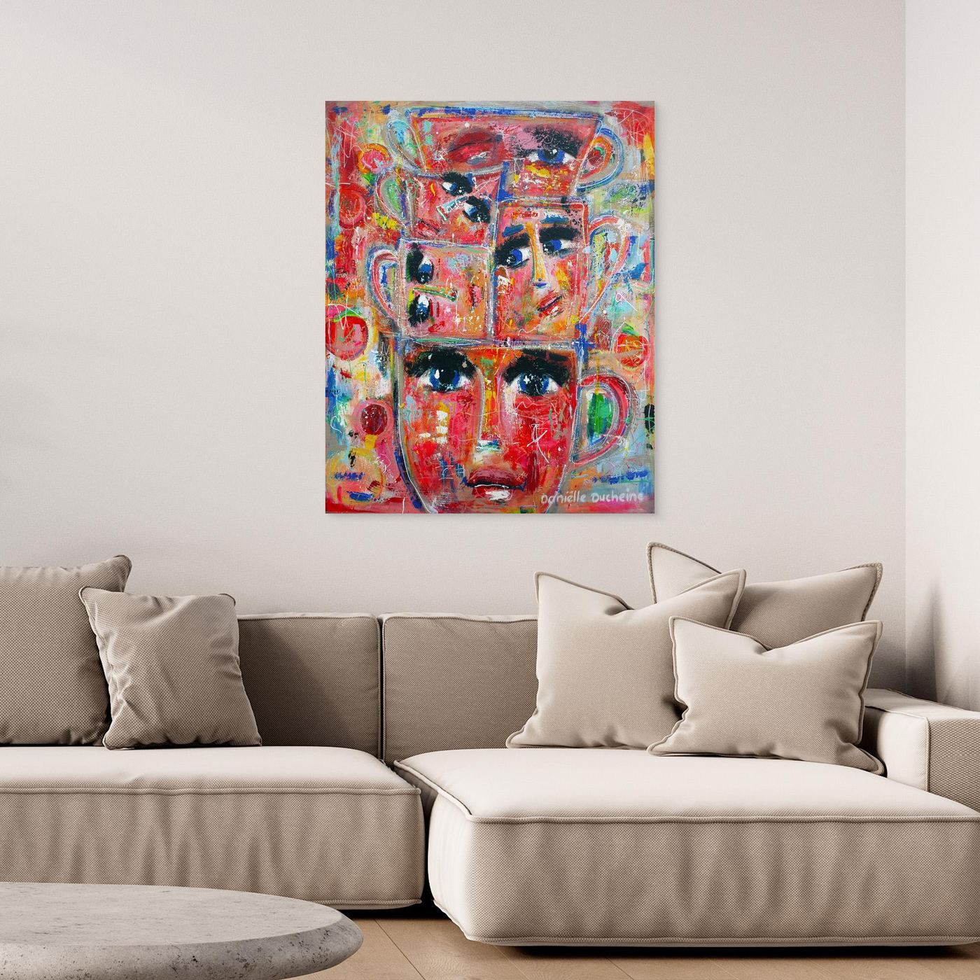 Fine art canvas print – kleurrijk expressief kunstwerk – Stapel kopjes – Danielle Ducheine