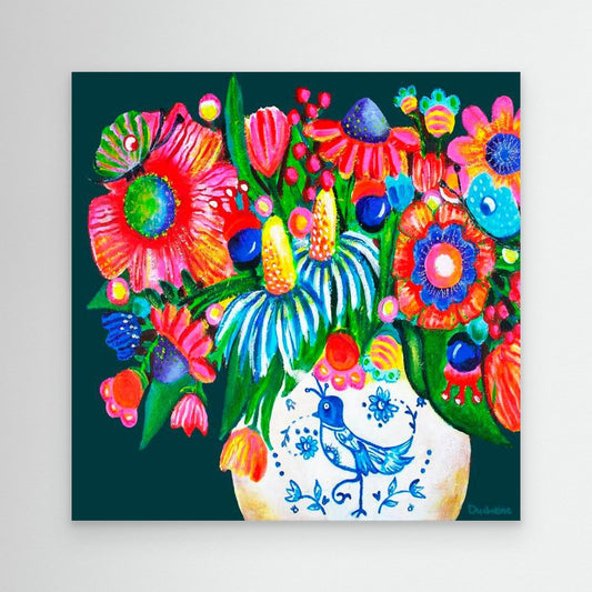 Fine art canvas print – kleurrijk expressief bloemenschilderij met Delfts blauw vaasje – Danielle Ducheine