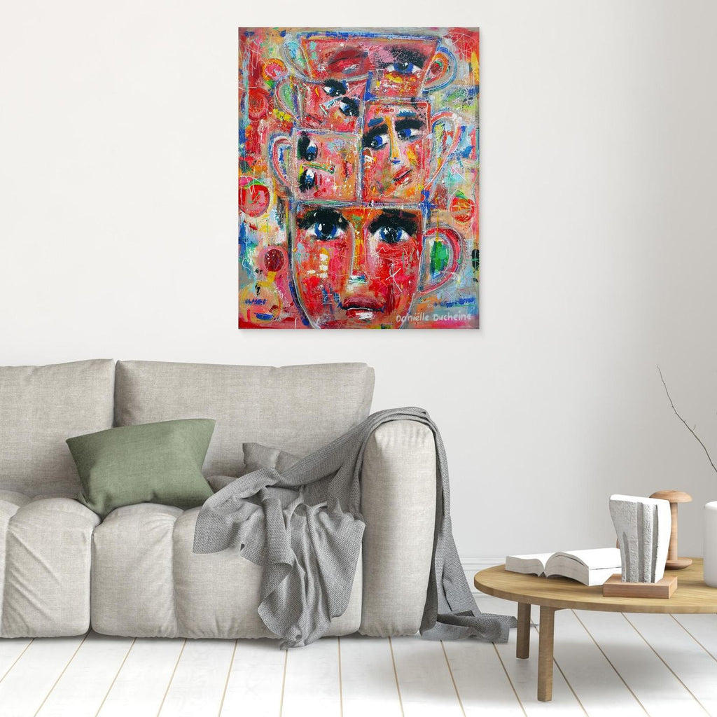 Fine art canvas print – kleurrijk expressief kunstwerk – Stapel kopjes – Danielle Ducheine