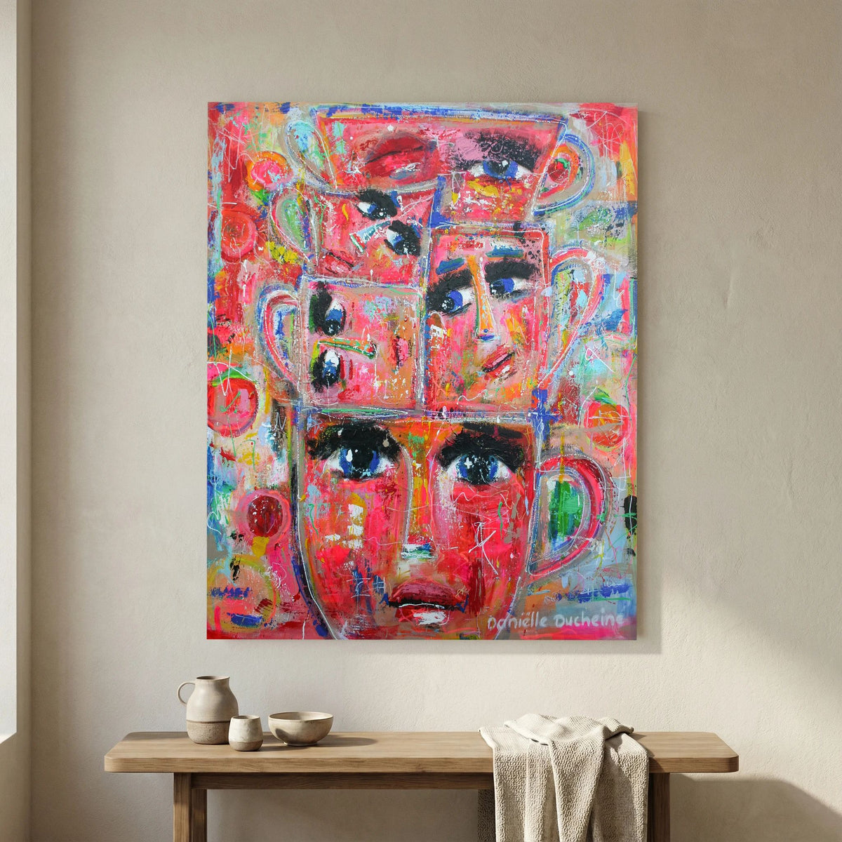 Stapel kopjes - kleurrijke Fine Art Print op canvas