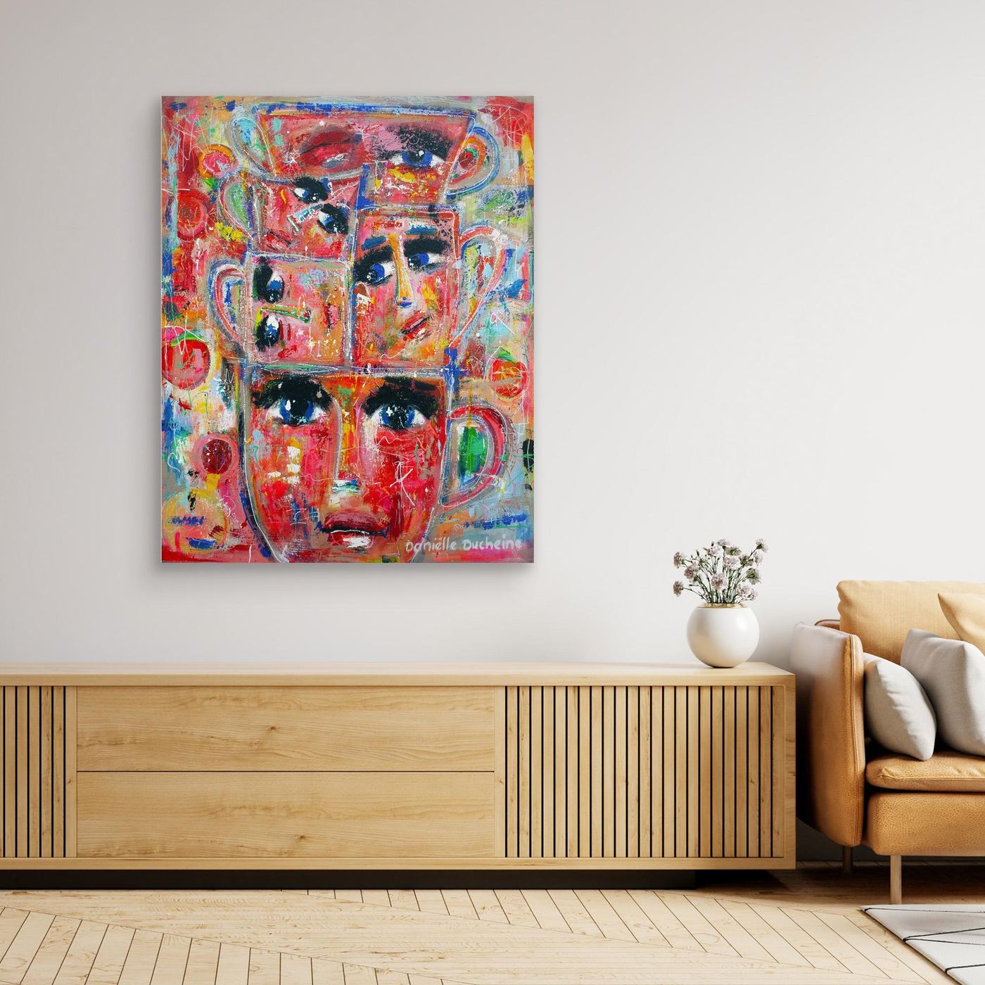 Fine art canvas print – kleurrijk expressief kunstwerk – Stapel kopjes – Danielle Ducheine